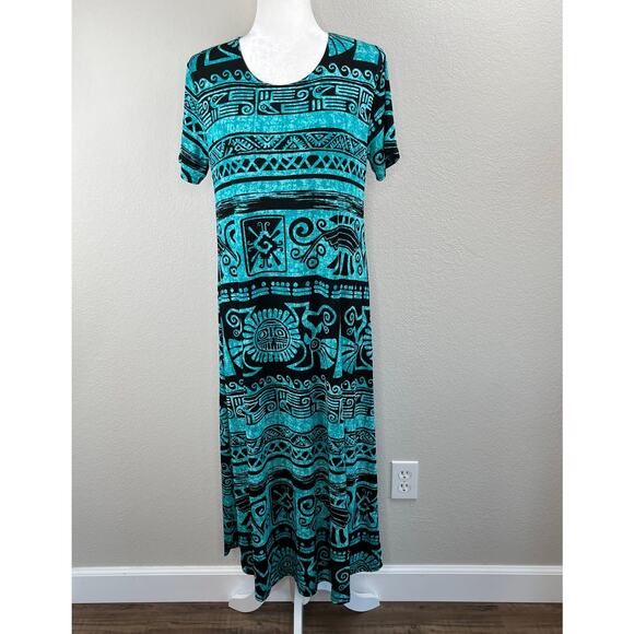 Jostar Aqua Black Aztec Tribal Pullover Short Sleeve Midi T-Shirt Dress Small - Picture 13 of 15
